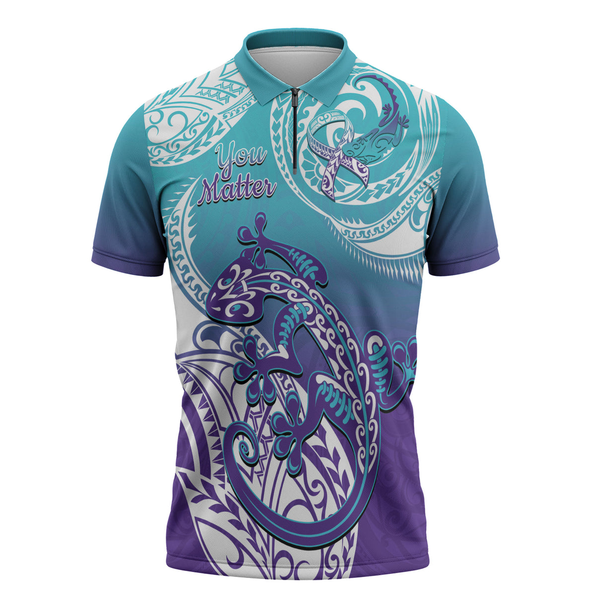 Personalised New Zealand Suicide Prevention Month Zipper Polo Shirt You Matter NZ Fern With Maori Koru Lizard