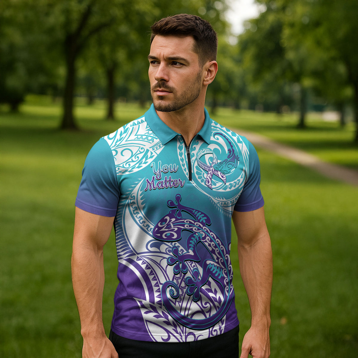 Personalised New Zealand Suicide Prevention Month Zipper Polo Shirt You Matter NZ Fern With Maori Koru Lizard