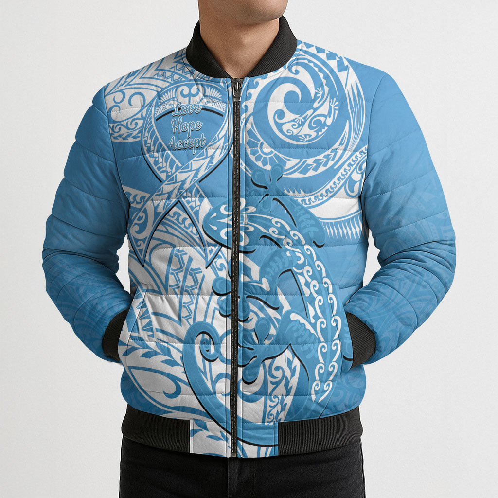 Personalised New Zealand Autism Support Bomber Puffer Jacket NZ Fern With Maori Koru Lizard