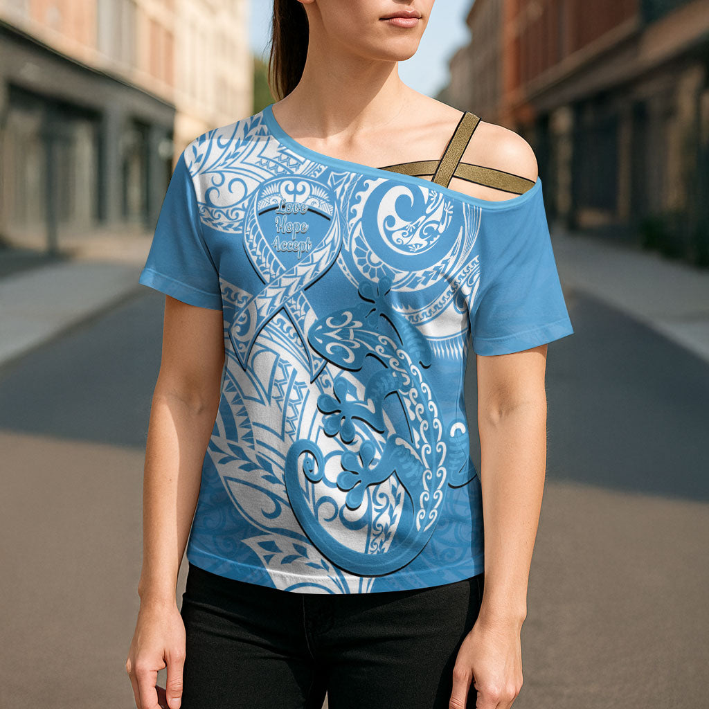 Personalised New Zealand Autism Support Cross Shoulder Shirt NZ Fern With Maori Koru Lizard