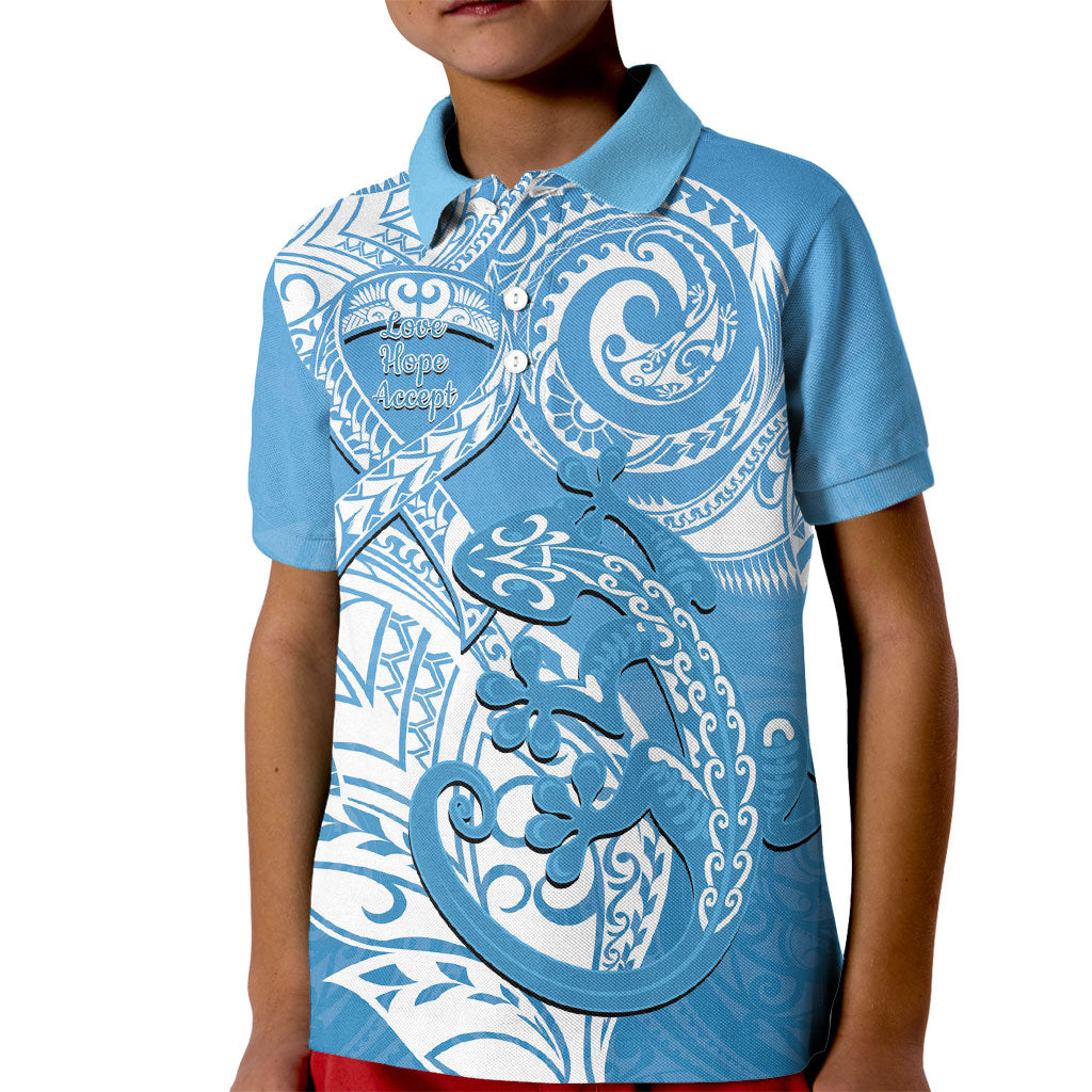 Personalised New Zealand Autism Support Kid Polo Shirt NZ Fern With Maori Koru Lizard