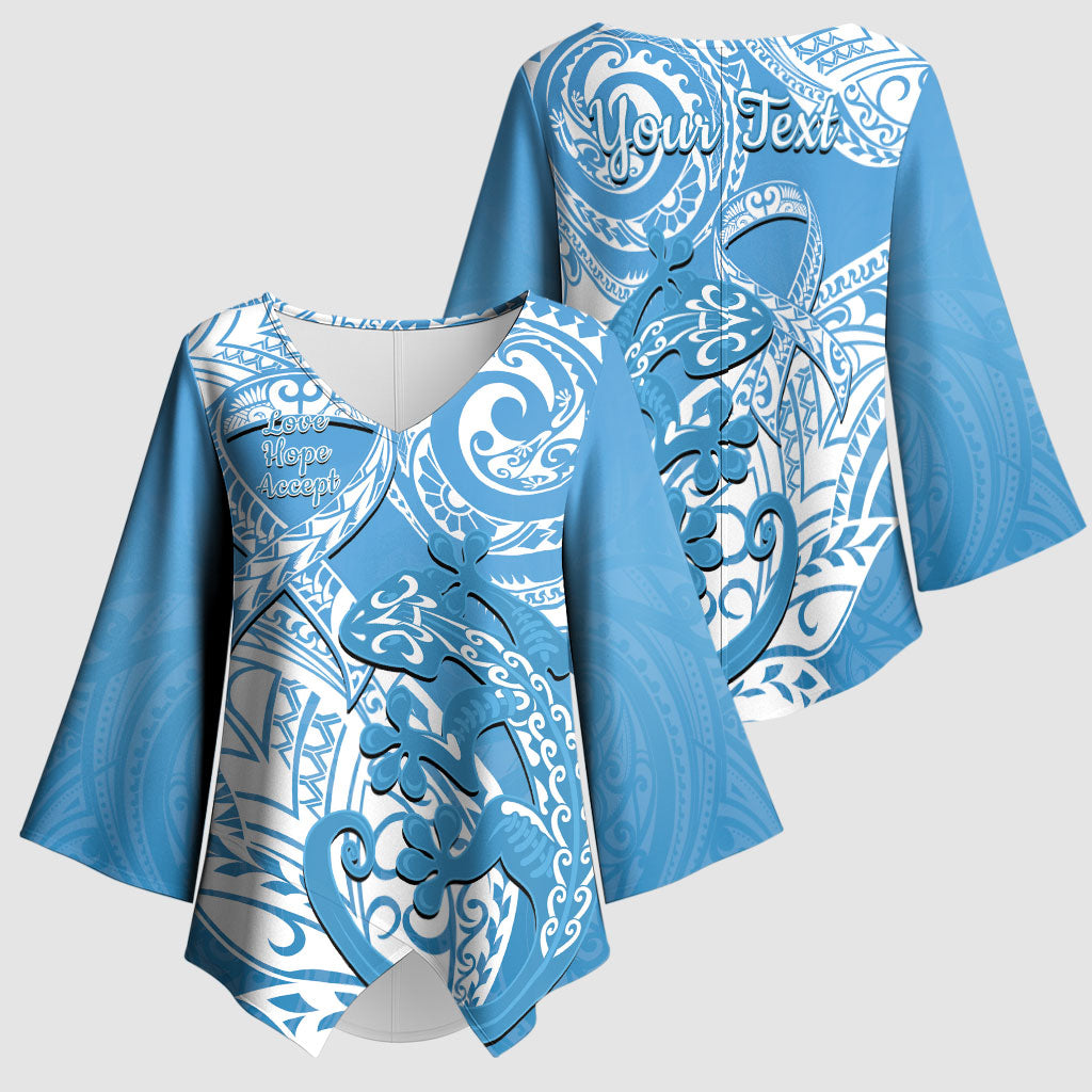 Personalised New Zealand Autism Support Kimono Sleeve Blouse NZ Fern With Maori Koru Lizard