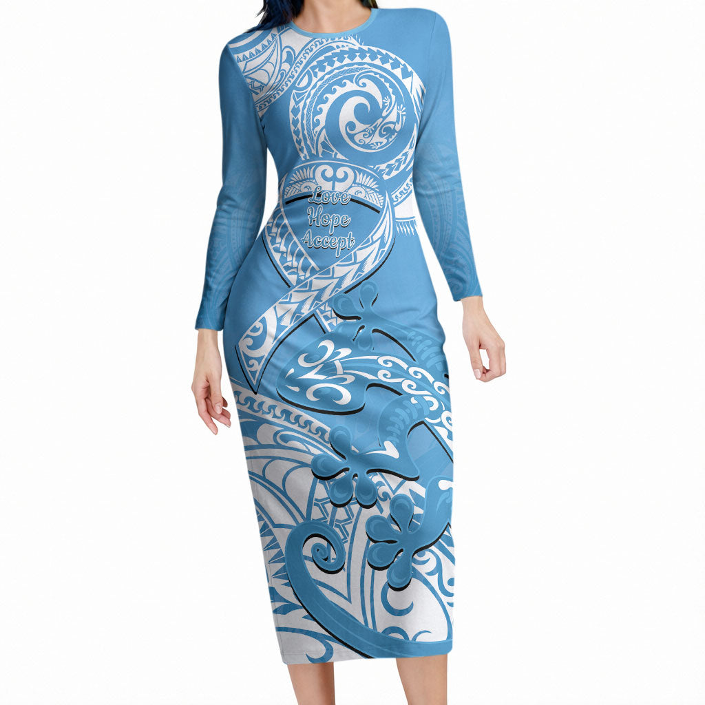 Personalised New Zealand Autism Support Long Sleeve Bodycon Dress NZ Fern With Maori Koru Lizard