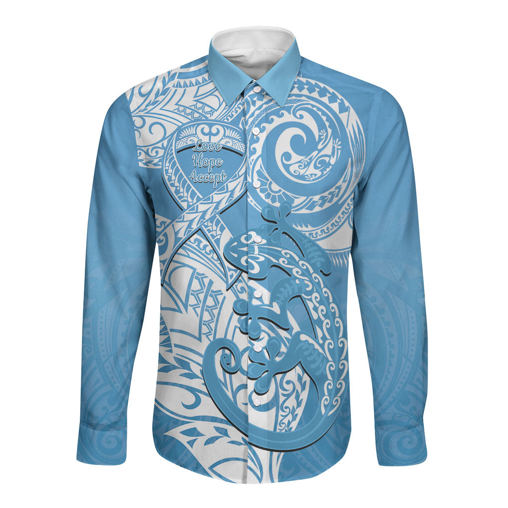 Personalised New Zealand Autism Support Long Sleeve Button Shirt NZ Fern With Maori Koru Lizard