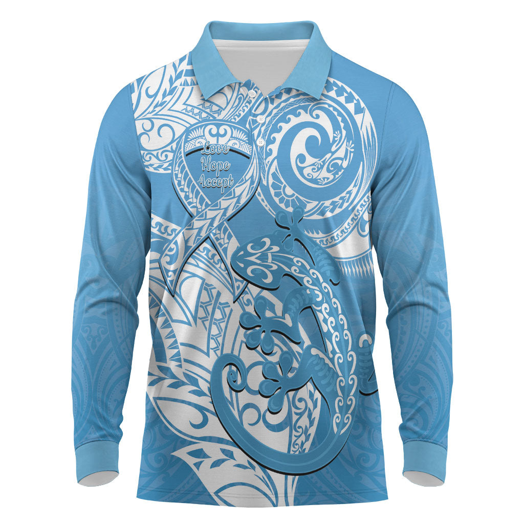 Personalised New Zealand Autism Support Long Sleeve Polo Shirt NZ Fern With Maori Koru Lizard
