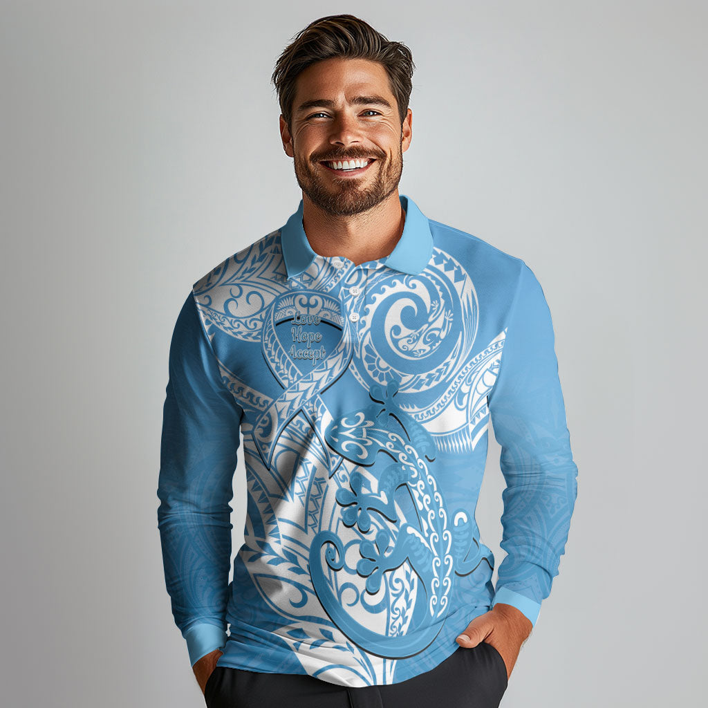 Personalised New Zealand Autism Support Long Sleeve Polo Shirt NZ Fern With Maori Koru Lizard