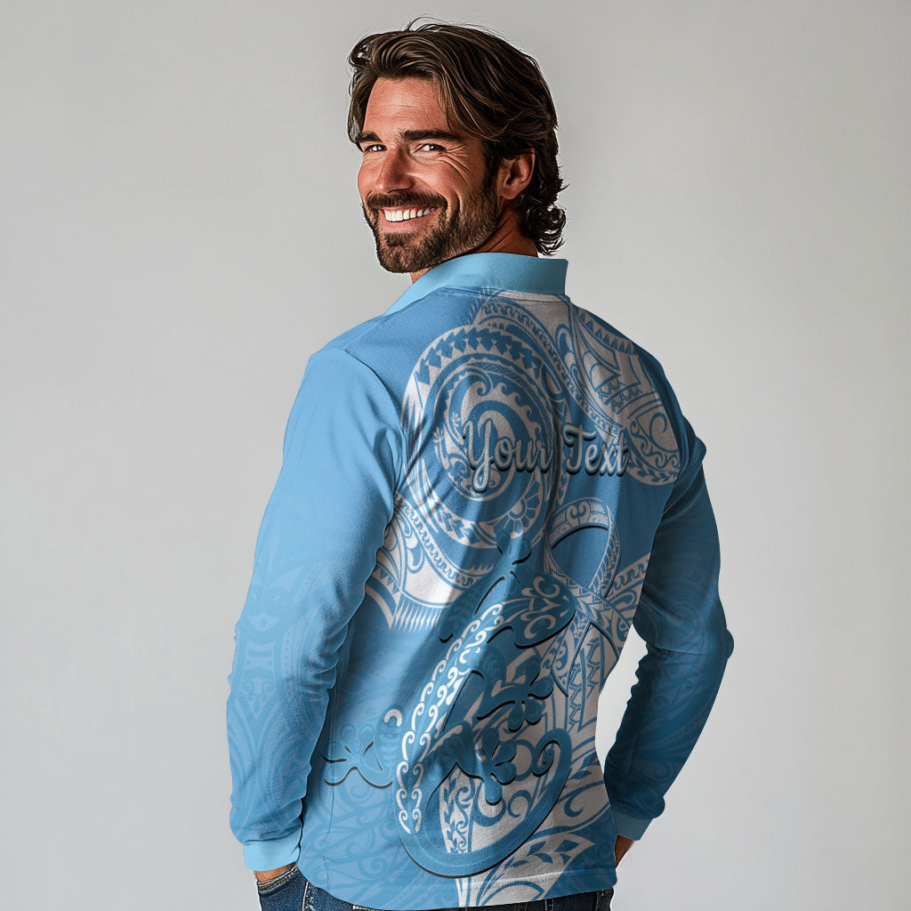 Personalised New Zealand Autism Support Long Sleeve Polo Shirt NZ Fern With Maori Koru Lizard