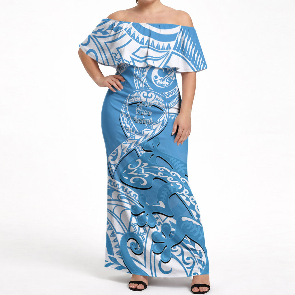Personalised New Zealand Autism Support Off Shoulder Maxi Dress NZ Fern With Maori Koru Lizard