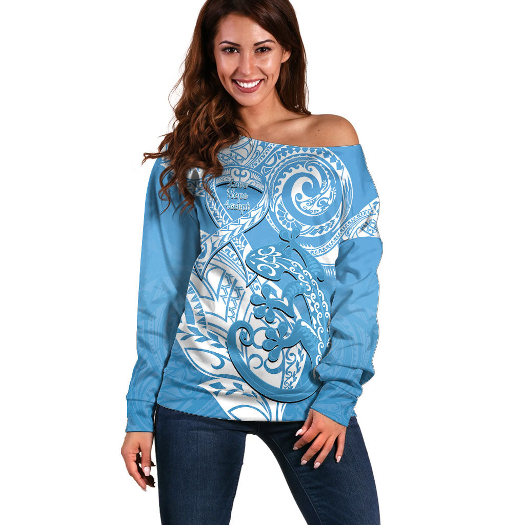 Personalised New Zealand Autism Support Off Shoulder Sweater NZ Fern With Maori Koru Lizard