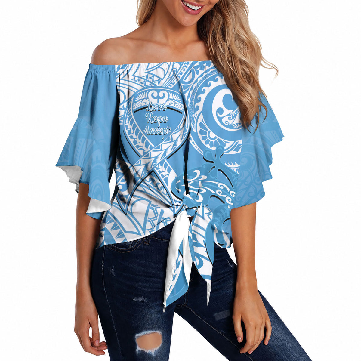 Personalised New Zealand Autism Support Off Shoulder Wrap Waist Top NZ Fern With Maori Koru Lizard