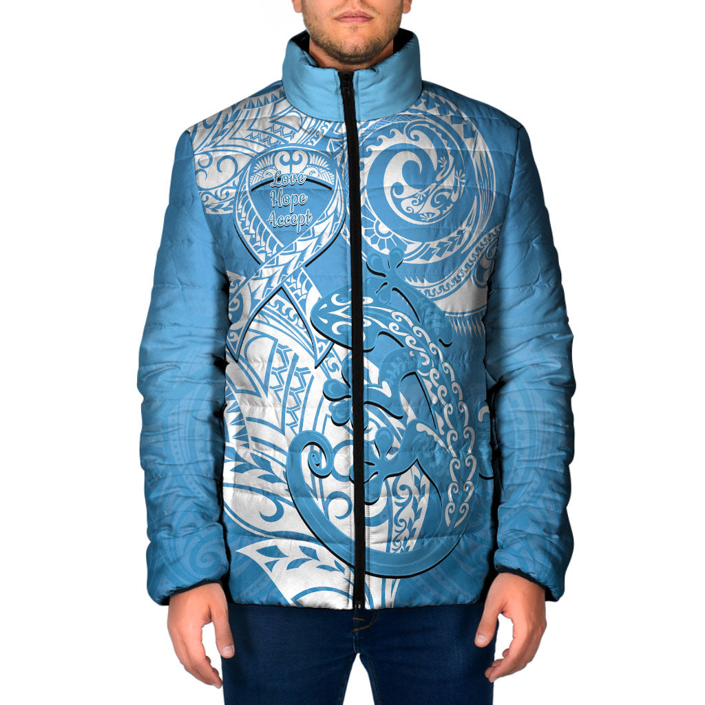 Personalised New Zealand Autism Support Padded Jacket NZ Fern With Maori Koru Lizard