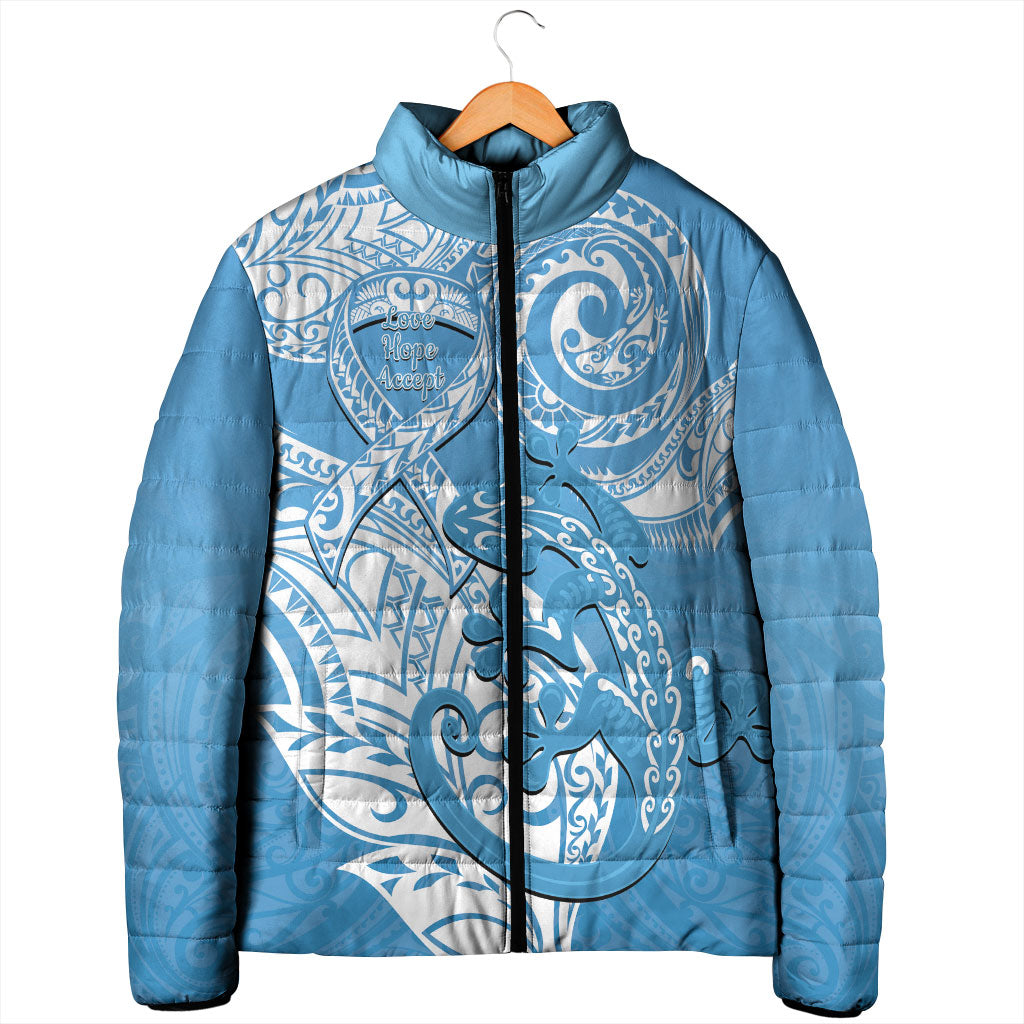 Personalised New Zealand Autism Support Padded Jacket NZ Fern With Maori Koru Lizard