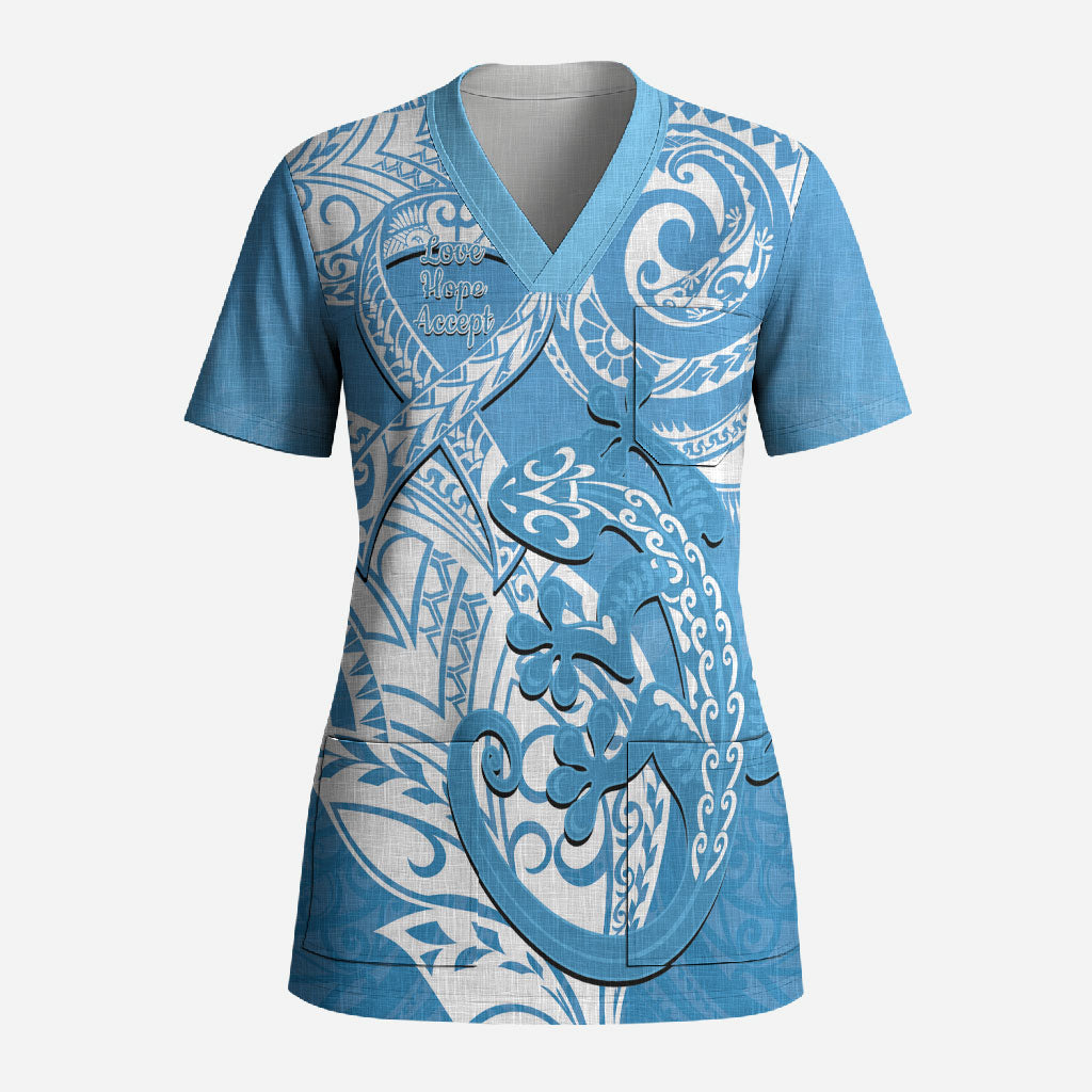 Personalised New Zealand Autism Support Scrub Top NZ Fern With Maori Koru Lizard