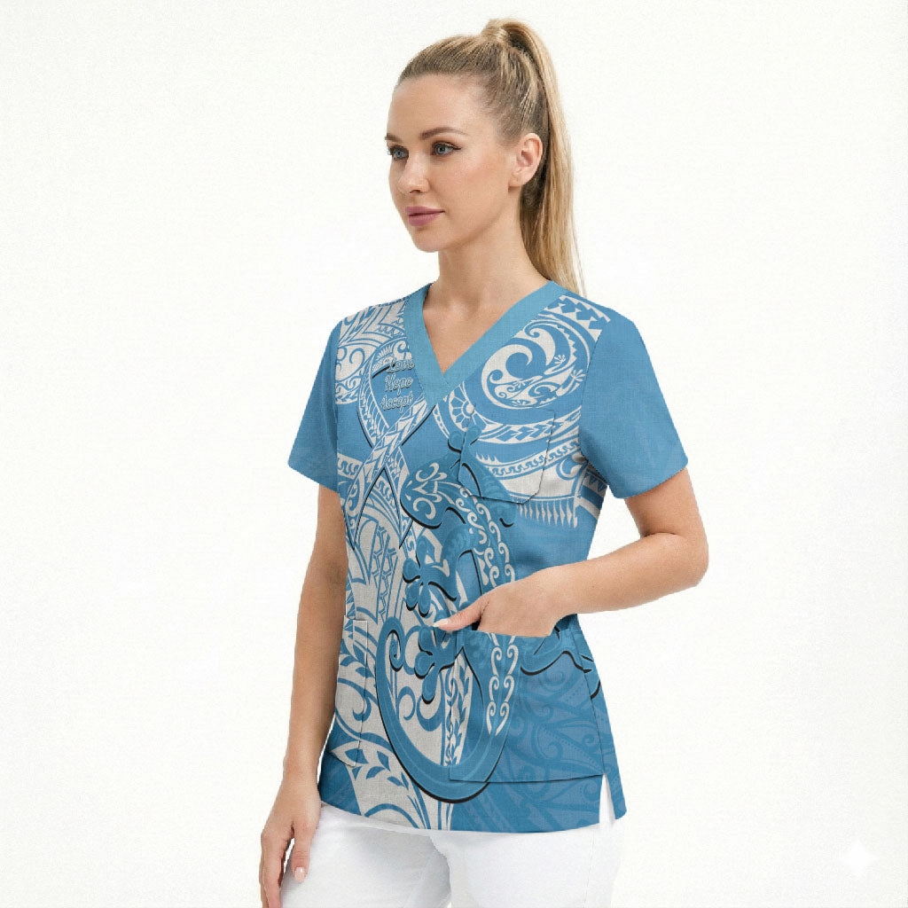 Personalised New Zealand Autism Support Scrub Top NZ Fern With Maori Koru Lizard