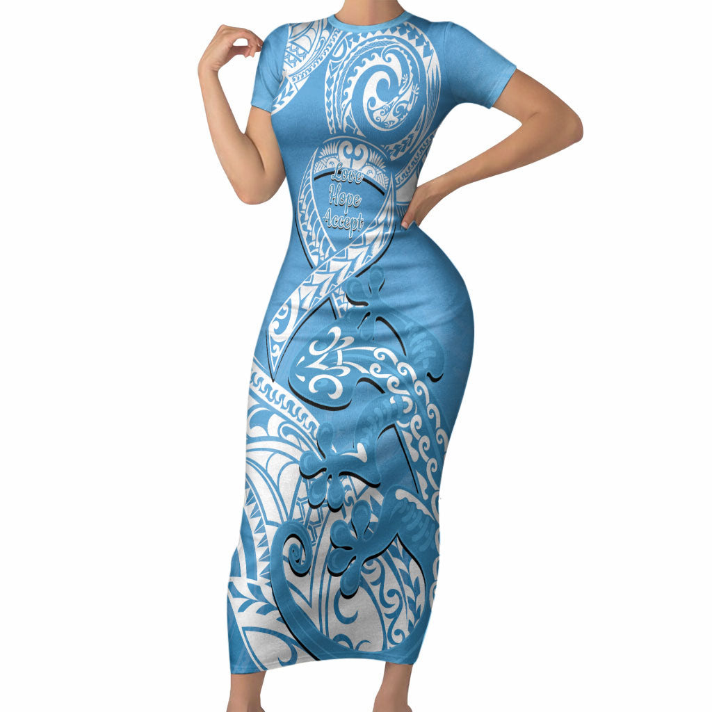 Personalised New Zealand Autism Support Short Sleeve Bodycon Dress NZ Fern With Maori Koru Lizard