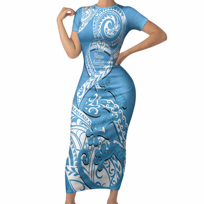 Personalised New Zealand Autism Support Short Sleeve Bodycon Dress NZ Fern With Maori Koru Lizard