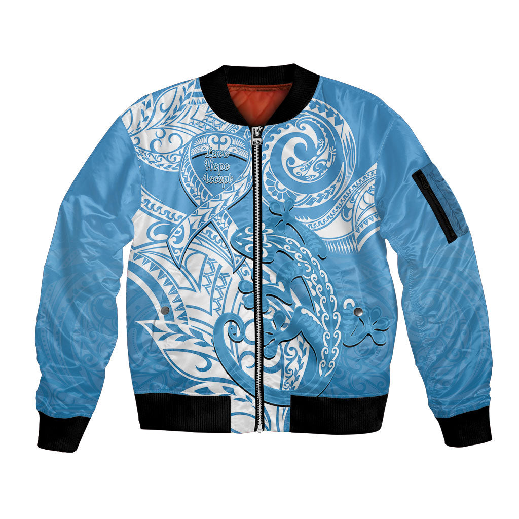 Personalised New Zealand Autism Support Sleeve Zip Bomber Jacket NZ Fern With Maori Koru Lizard