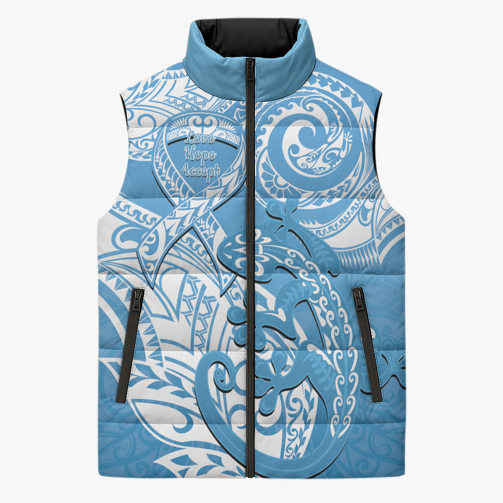 Personalised New Zealand Autism Support Sleeveless Puffer Jacket NZ Fern With Maori Koru Lizard