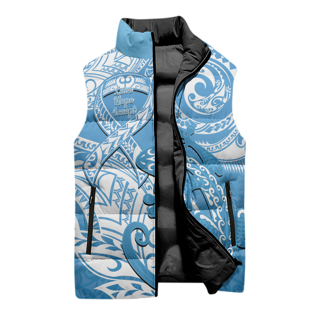 Personalised New Zealand Autism Support Sleeveless Puffer Jacket NZ Fern With Maori Koru Lizard