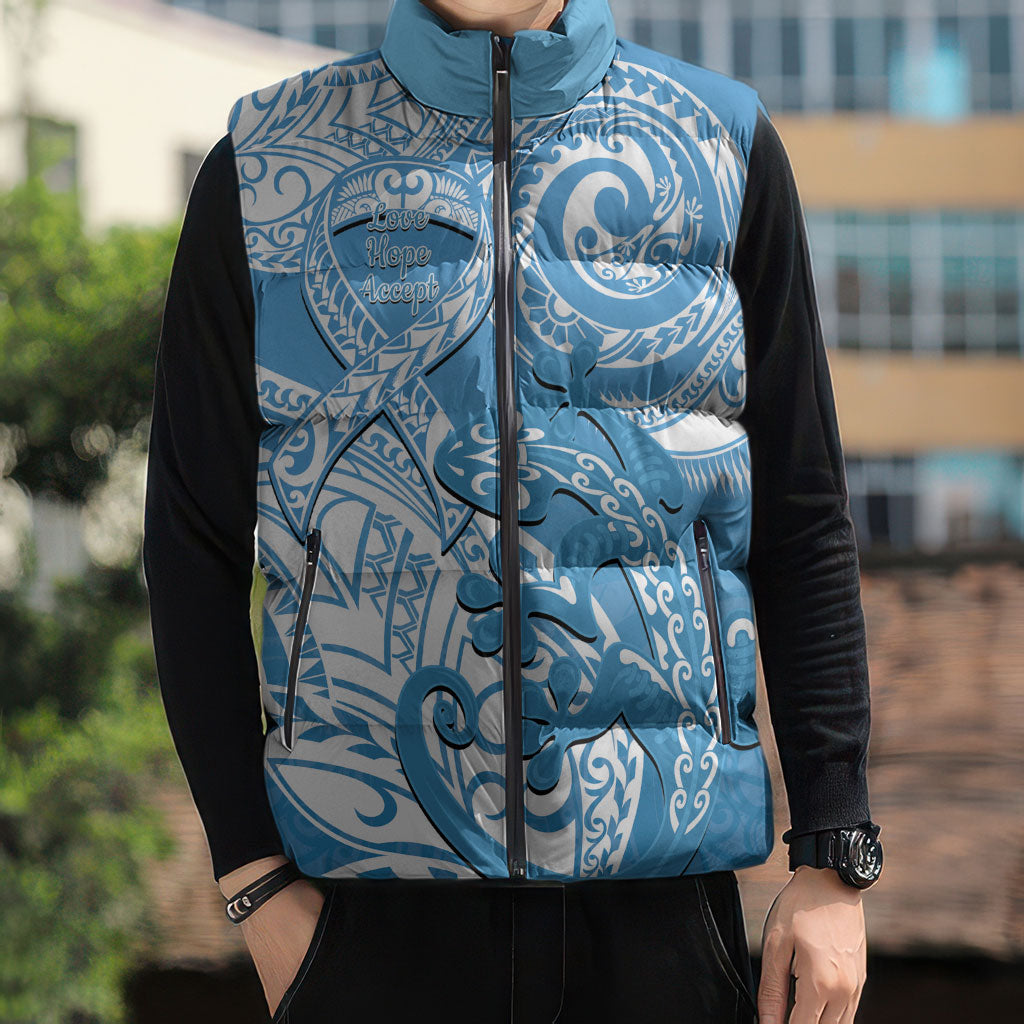 Personalised New Zealand Autism Support Sleeveless Puffer Jacket NZ Fern With Maori Koru Lizard
