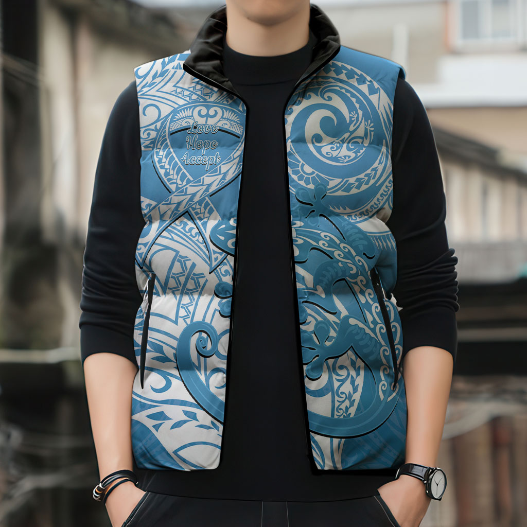 Personalised New Zealand Autism Support Sleeveless Puffer Jacket NZ Fern With Maori Koru Lizard