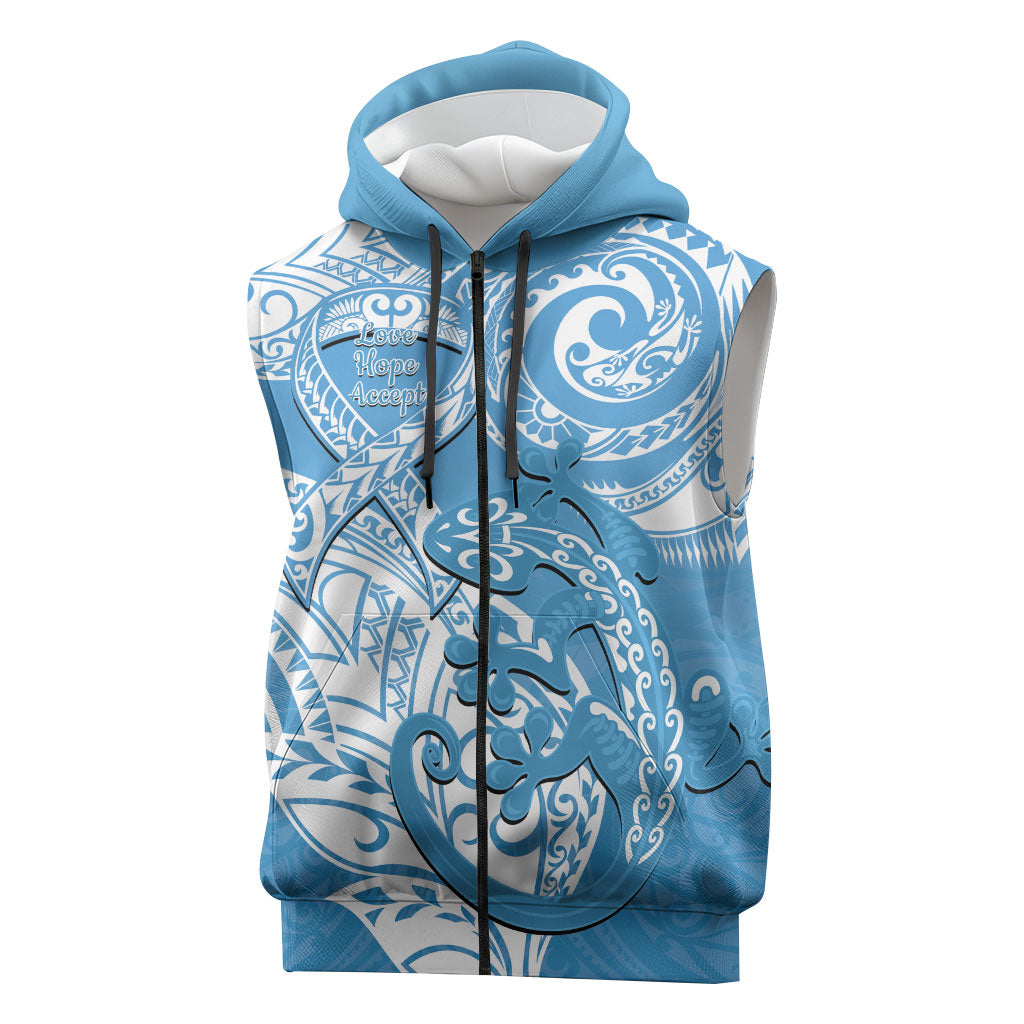 Personalised New Zealand Autism Support Sleeveless Zip Hoodie NZ Fern With Maori Koru Lizard