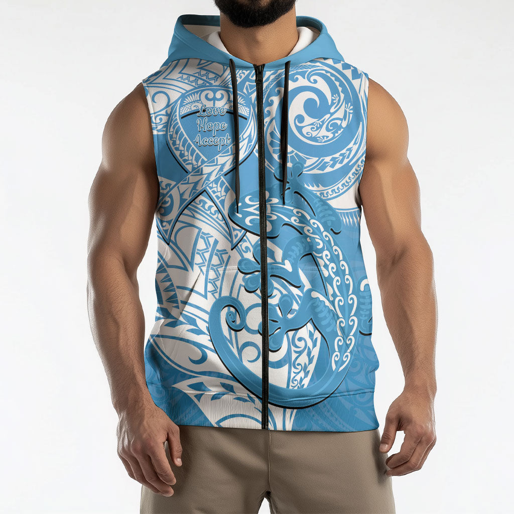 Personalised New Zealand Autism Support Sleeveless Zip Hoodie NZ Fern With Maori Koru Lizard