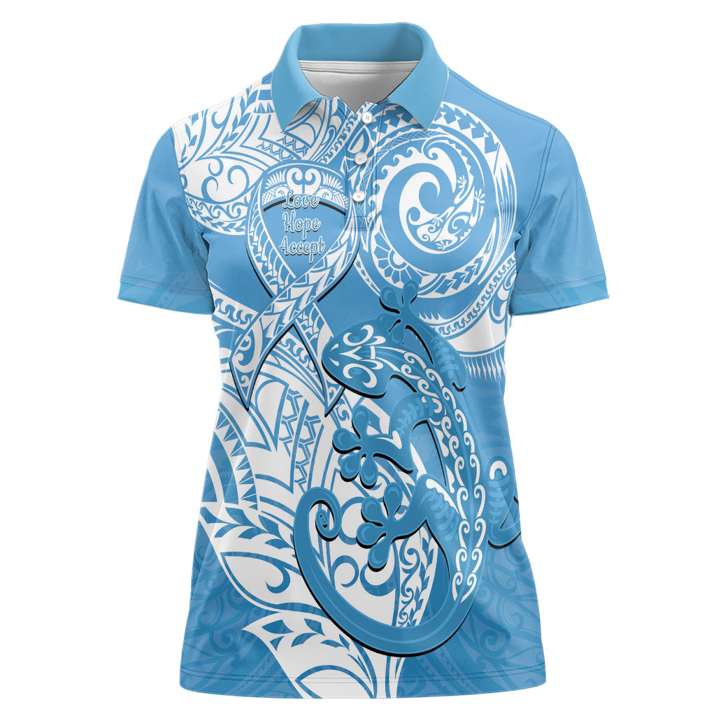 Personalised New Zealand Autism Support Women Polo Shirt NZ Fern With Maori Koru Lizard