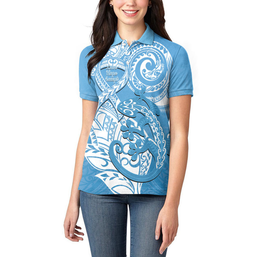 Personalised New Zealand Autism Support Women Polo Shirt NZ Fern With Maori Koru Lizard