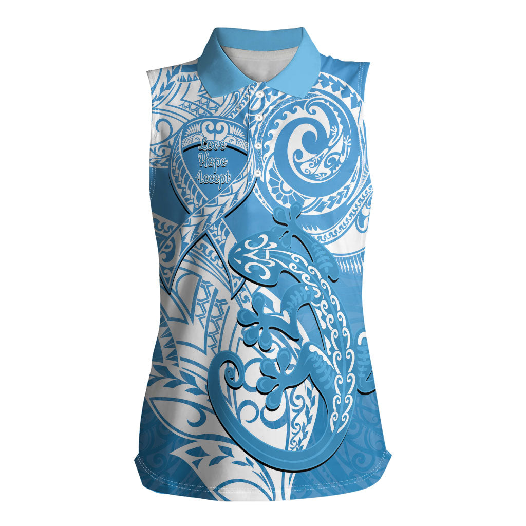 Personalised New Zealand Autism Support Women Sleeveless Polo Shirt NZ Fern With Maori Koru Lizard