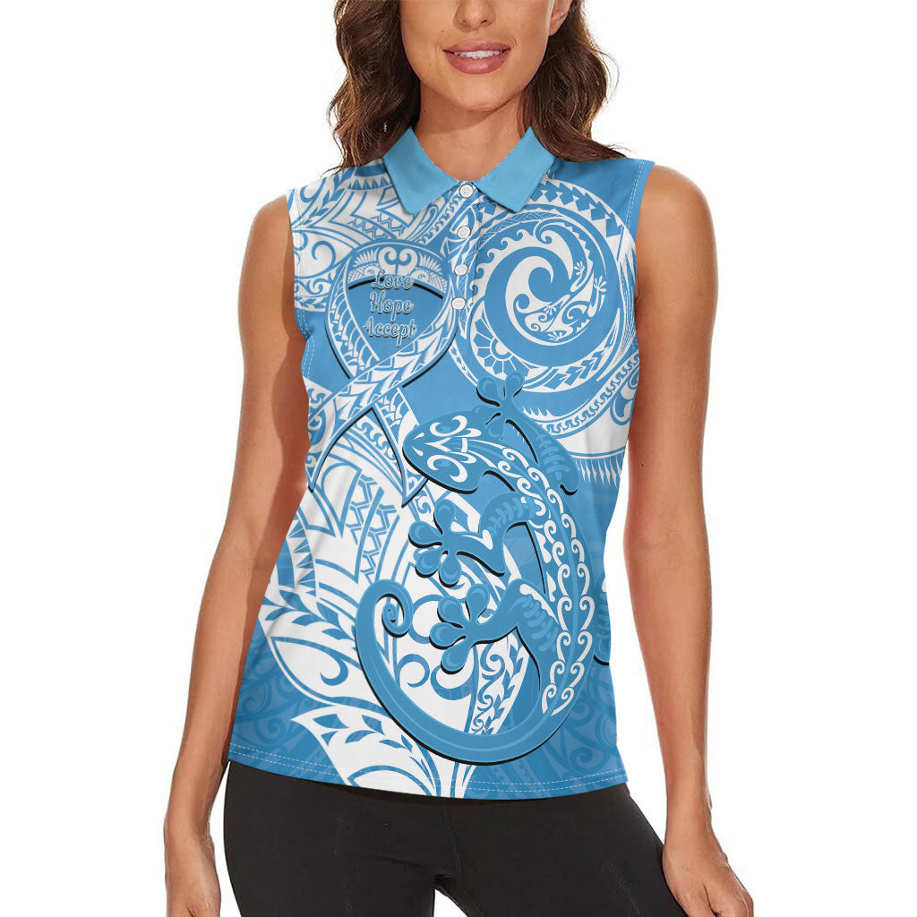 Personalised New Zealand Autism Support Women Sleeveless Polo Shirt NZ Fern With Maori Koru Lizard