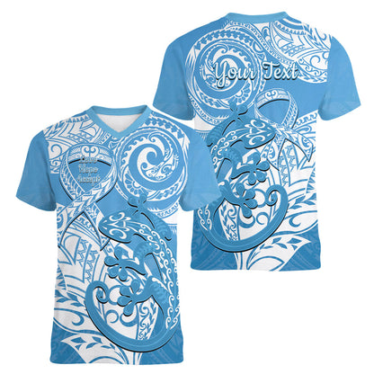 Personalised New Zealand Autism Support Women V-Neck T-Shirt NZ Fern With Maori Koru Lizard