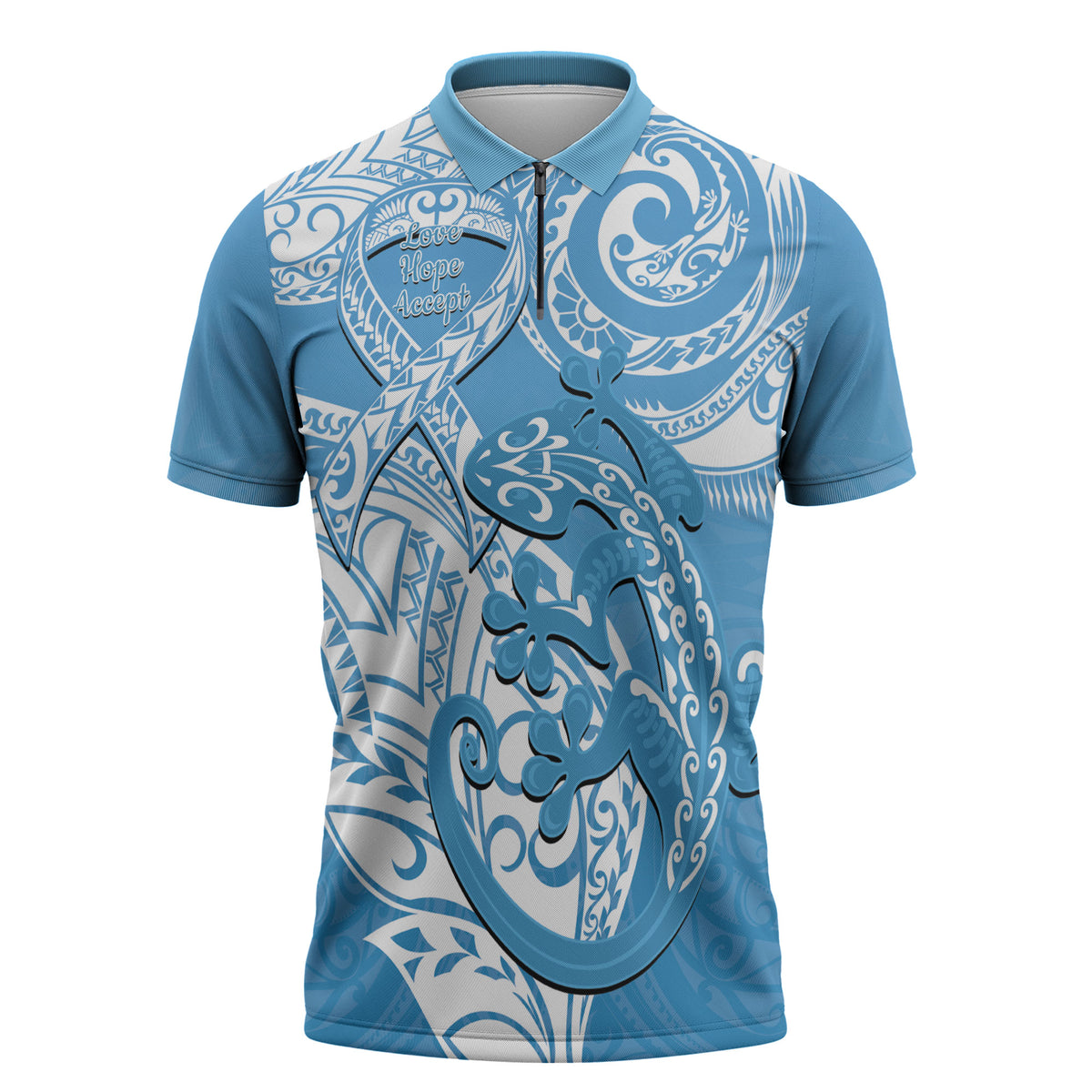 Personalised New Zealand Autism Support Zipper Polo Shirt NZ Fern With Maori Koru Lizard