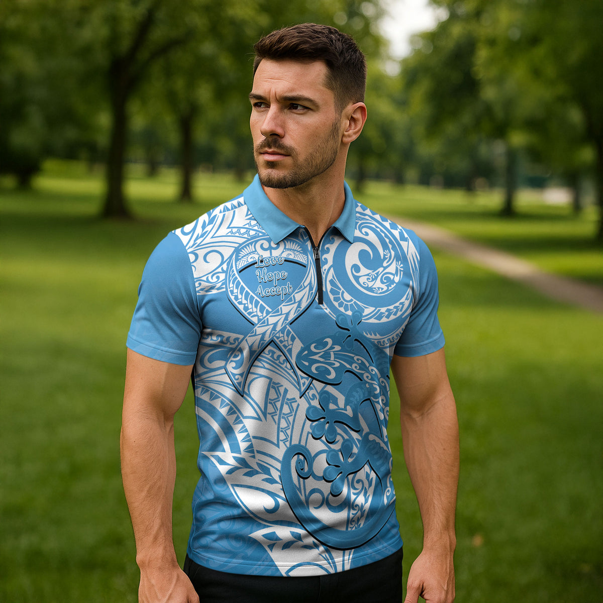 Personalised New Zealand Autism Support Zipper Polo Shirt NZ Fern With Maori Koru Lizard