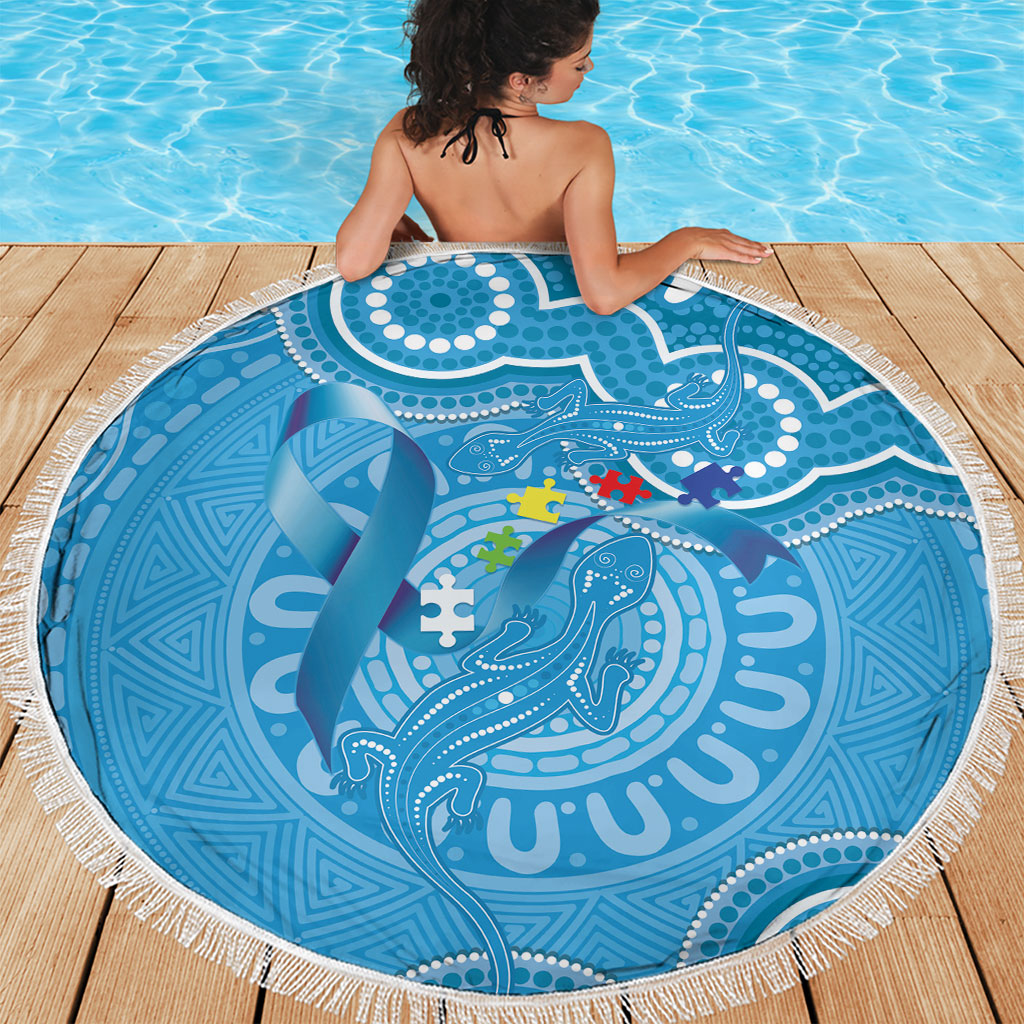 Australia Indigenous Beach Blanket Blue Ribbon Lizards Autism Support