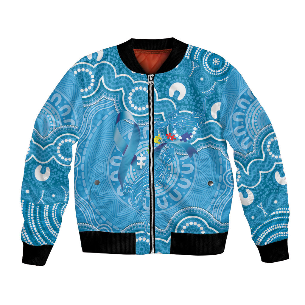 Australia Indigenous Bomber Jacket Blue Ribbon Lizards Autism Support