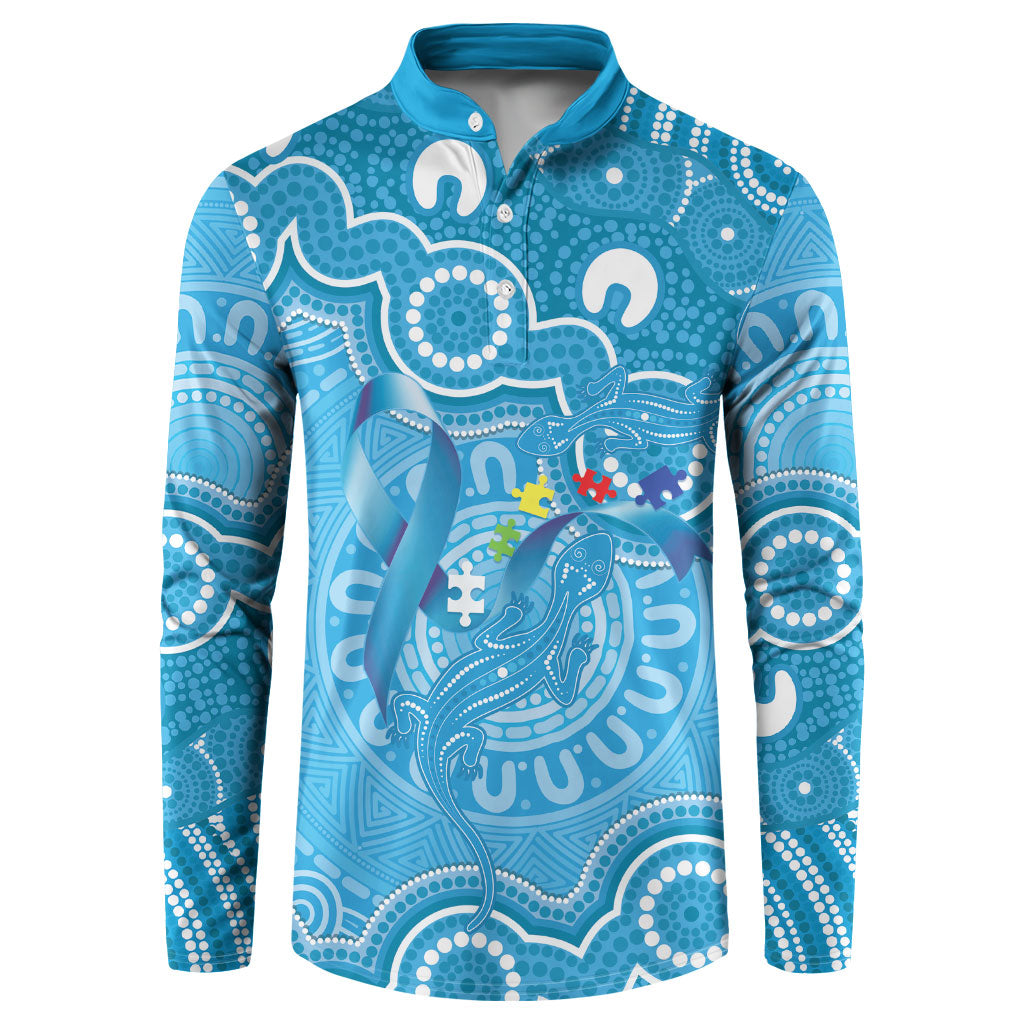 Australia Indigenous Button Sweatshirt Blue Ribbon Lizards Autism Support