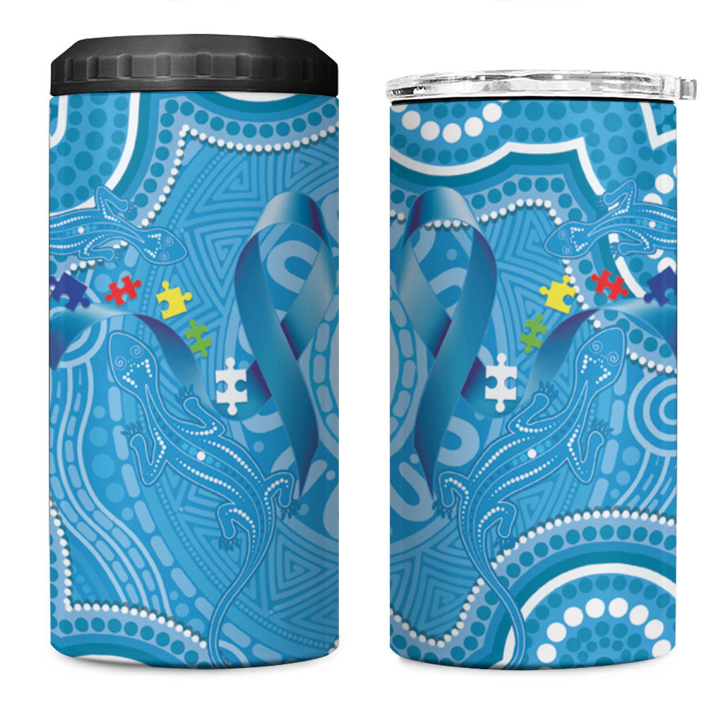 Australia Indigenous 4 in 1 Can Cooler Tumbler Blue Ribbon Lizards Autism Support
