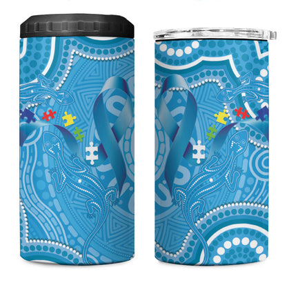 Australia Indigenous 4 in 1 Can Cooler Tumbler Blue Ribbon Lizards Autism Support