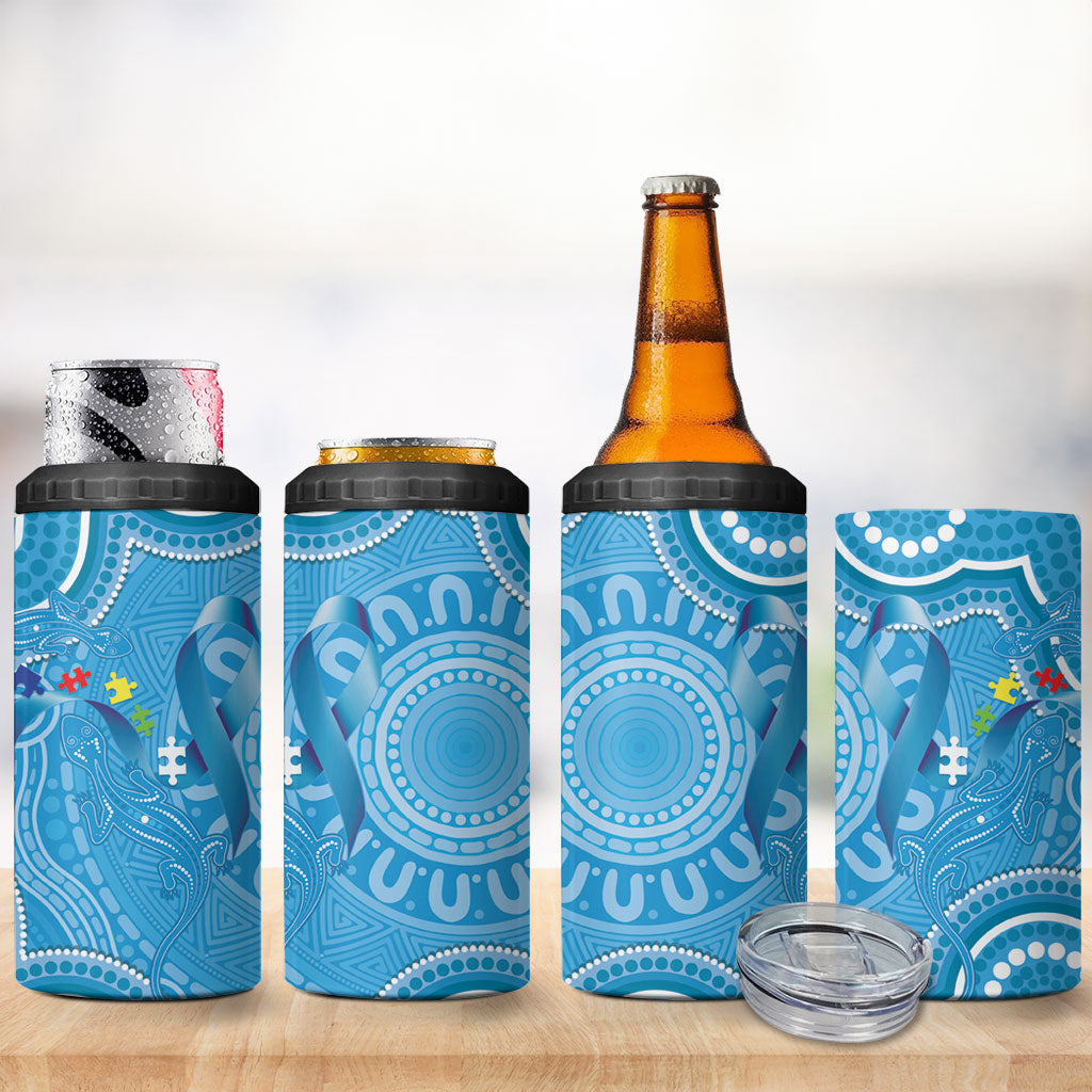 Australia Indigenous 4 in 1 Can Cooler Tumbler Blue Ribbon Lizards Autism Support