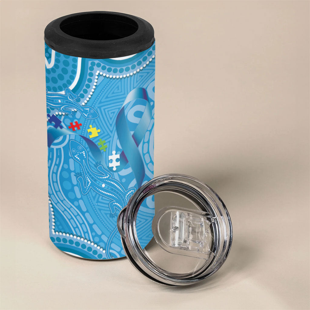 Australia Indigenous 4 in 1 Can Cooler Tumbler Blue Ribbon Lizards Autism Support
