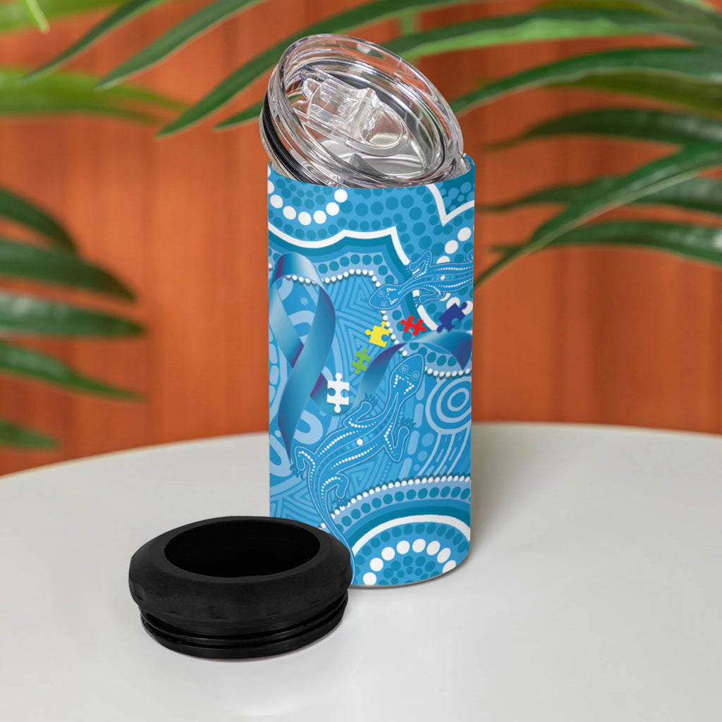 Australia Indigenous 4 in 1 Can Cooler Tumbler Blue Ribbon Lizards Autism Support