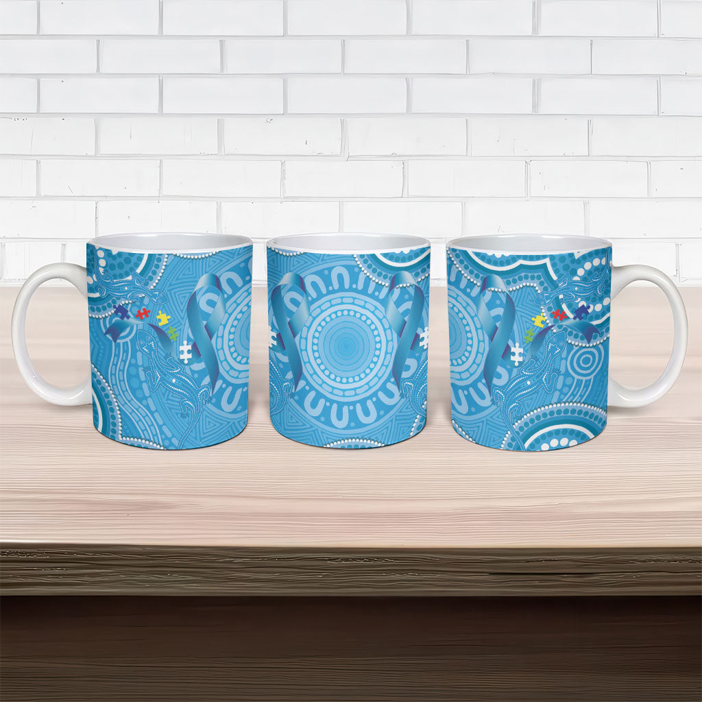 Australia Indigenous Ceramic Mug Blue Ribbon Lizards Autism Support