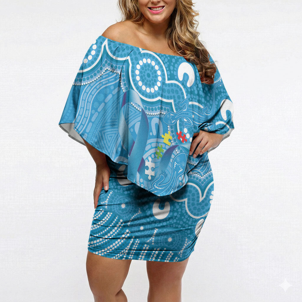 Australia Indigenous Off Shoulder Short Dress Blue Ribbon Lizards Autism Support