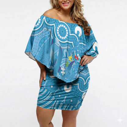 Australia Indigenous Off Shoulder Short Dress Blue Ribbon Lizards Autism Support