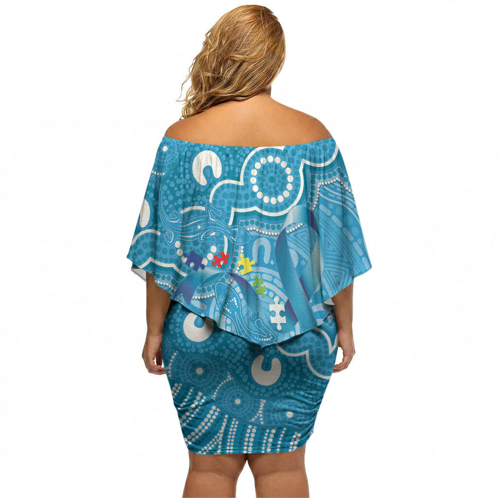 Australia Indigenous Off Shoulder Short Dress Blue Ribbon Lizards Autism Support
