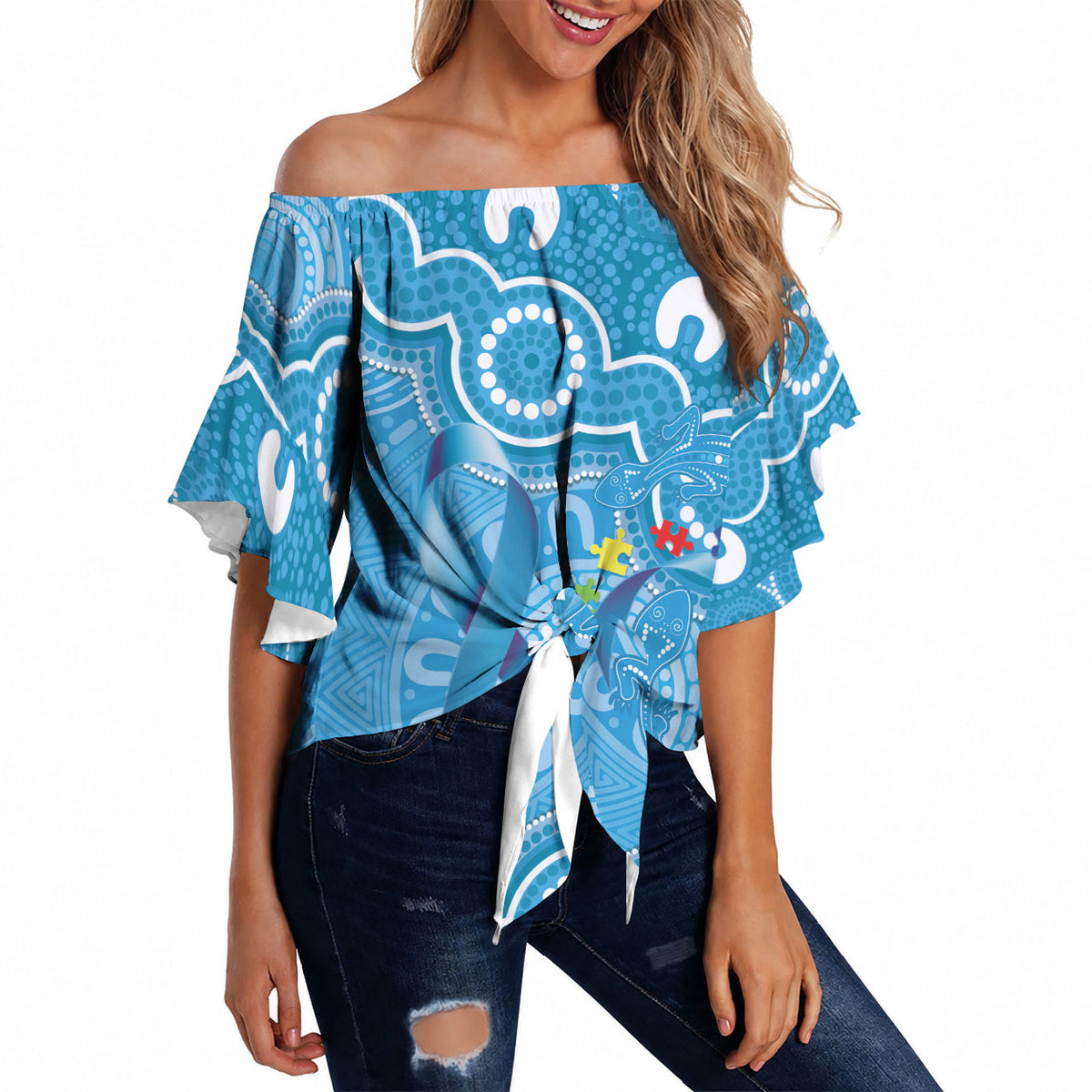 Australia Indigenous Off Shoulder Wrap Waist Top Blue Ribbon Lizards Autism Support