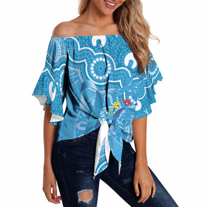Australia Indigenous Off Shoulder Wrap Waist Top Blue Ribbon Lizards Autism Support