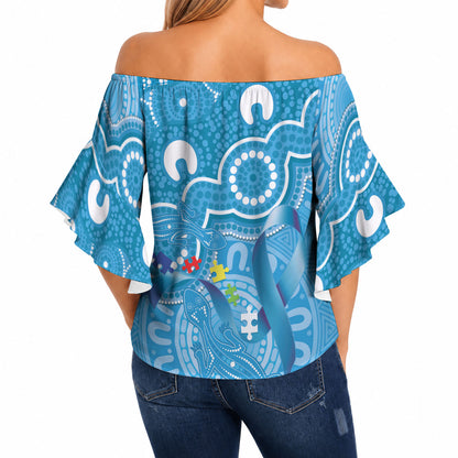 Australia Indigenous Off Shoulder Wrap Waist Top Blue Ribbon Lizards Autism Support