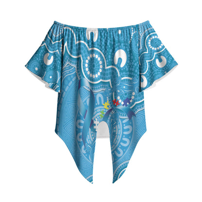 Australia Indigenous Off Shoulder Wrap Waist Top Blue Ribbon Lizards Autism Support